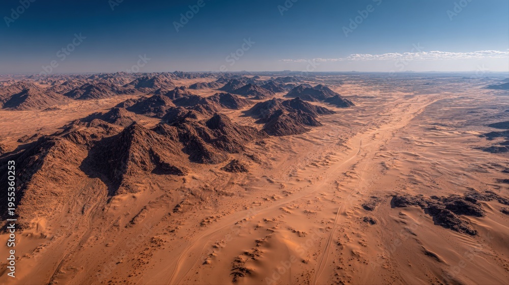 Fototapeta premium Dramatic Desert Landscape with Mountainous Terrain and Arid Climate under a Clear Blue Sky