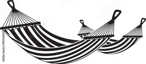 Black and white illustration of three hammocks