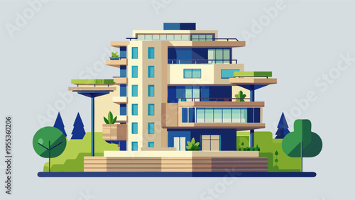 Modern apartment building with green balconies and trees, flat vector illustration of eco-friendly architecture for smart city living.