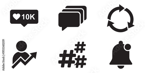 Collection of social media engagement icons like counter comments refresh hashtag notification