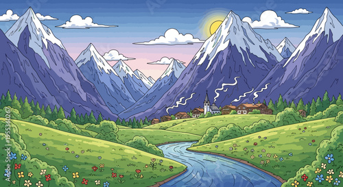 Idyllic Alpine Village Landscape with Snowy Mountains and Winding River