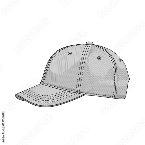 Illustration of a twill cap with detailed stitching, isolated on a white background, showcasing side profile and classic design