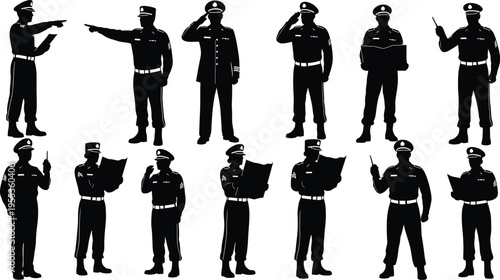 Silhouette of various police officers isolated on transparent background