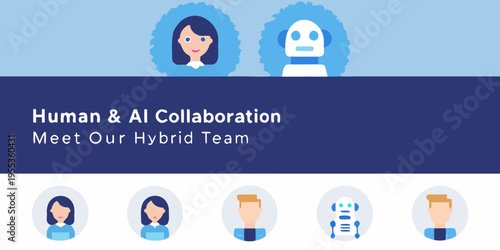 Human and ai collaboration illustrated with portraits and robotic figures