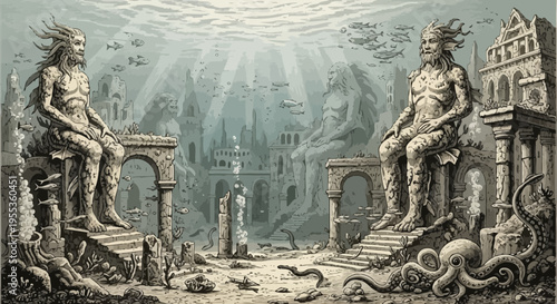 Ancient Underwater City Ruins with Colossal Stone Statues