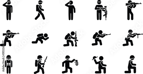 Soldier silhouettes isolated on transparent background in various combat positions