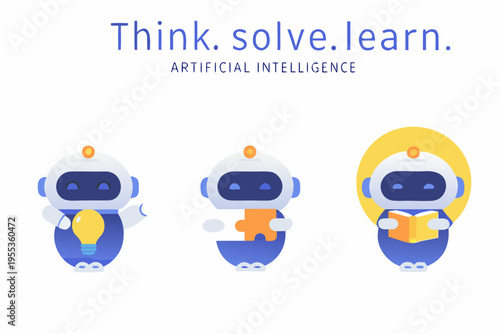 Three cartoon robots represent thinking solving and learning with ai