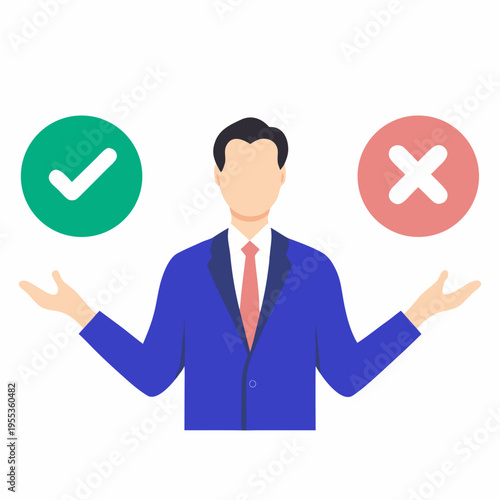 A businessman considers options represented by check and cross symbols