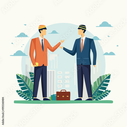 Two businessmen shake hands in a city park with briefcases and plants