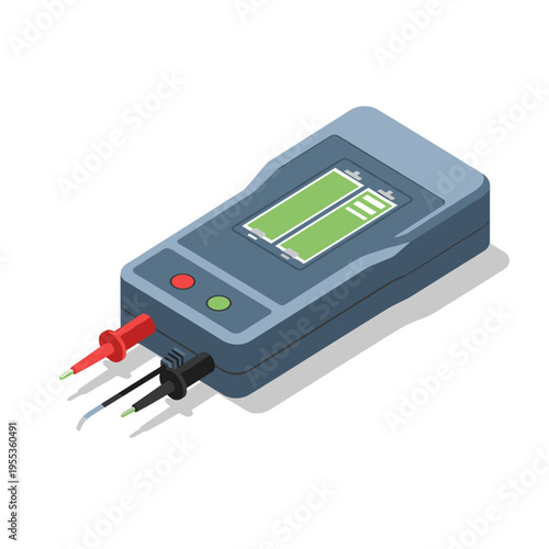 Digital battery tester with probes, isolated on a white background, featuring a green display and buttons, showcasing a sleek, modern design