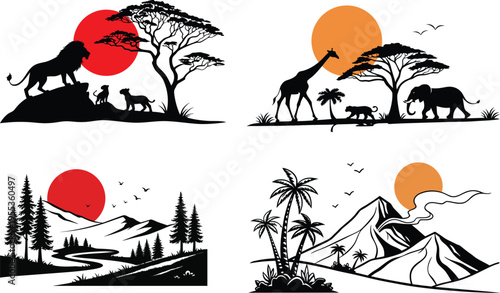 Four scenic landscape illustrations with animals and natural elements