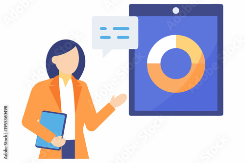 Woman presenting data analytics on a tablet with a speech bubble