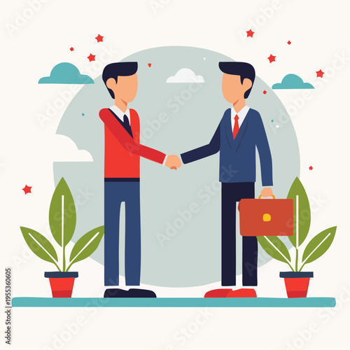 Two businessmen shake hands in a symbolic partnership agreement outdoors