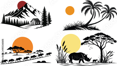 Four seasonal landscapes with diverse nature scenes and wildlife