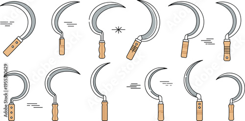 Sickle icons set with curved harvest blades and wooden handles flat vector illustration