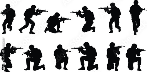 Silhouette of various men in different poses isolated on transparent background