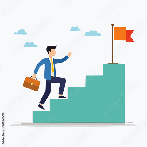 Man climbing stairs to reach flag on top step