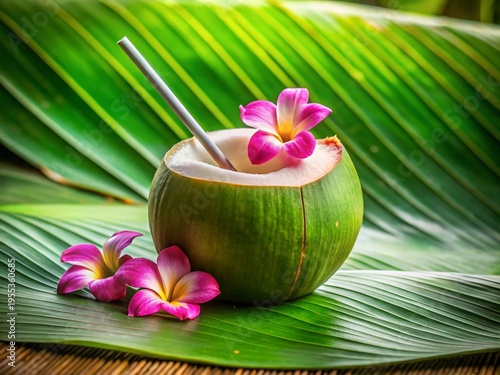 Minimalist Green Coconut Water Drink with Pink Flowers on Banana Leaf