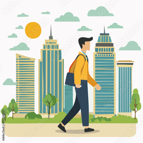A man walks down a city sidewalk with skyscrapers and trees under a sunny sky.