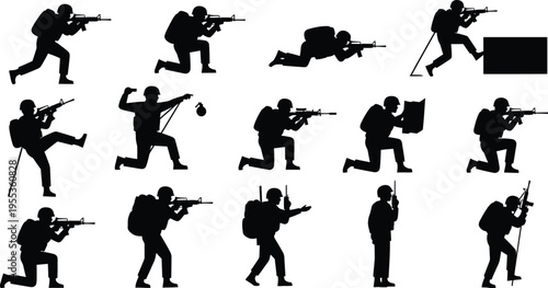 Silhouette of various military or tactical poses isolated on transparent background