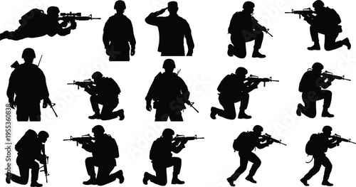 Soldier silhouettes isolated on transparent background in various combat poses