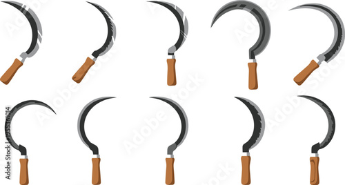 Sickle icons collection with curved blades and wooden handles farming tools vector illustration