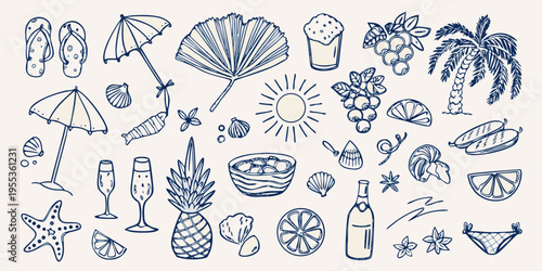 Hand drawn summer collection featuring beach items and tropical elements