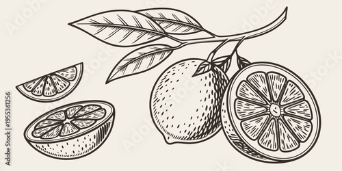 Vintage style illustration of a lemon branch with whole and sliced fruit