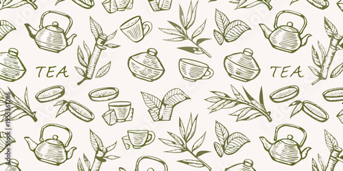 A seamless pattern featuring teapots cups and botanical illustrations