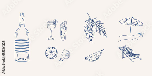 Summer themed sketches including wine fruit beach accessories and relaxation