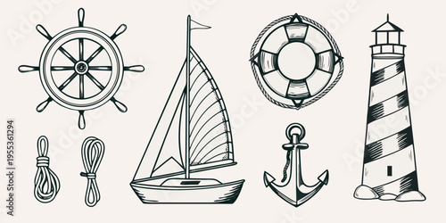 Nautical themed hand drawn illustration featuring a ship lighthouse and accessories
