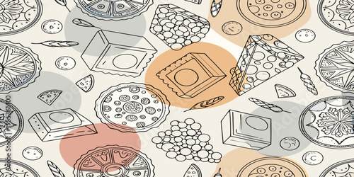 A seamless pattern featuring various illustrated sweets and confectionery