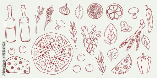 Hand drawn illustration featuring various food items including produce and cheeses