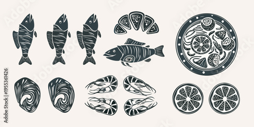 Stylized illustration of various seafood including fish shrimp and lemon slices