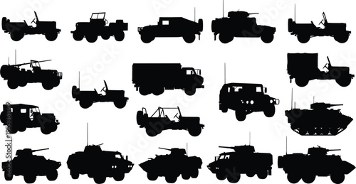 Silhouette of various military vehicles isolated on transparent background