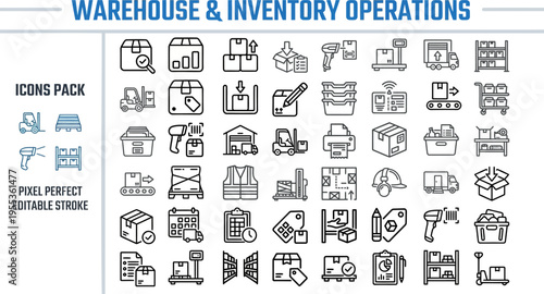 Warehouse & Inventory Operations Icon Set Pack — Storage, Stock, Pallet, Pixel Perfect Editable Vector