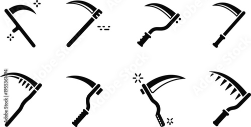 Sickle silhouette icons set with curved harvest blades minimal farming tools vector illustration