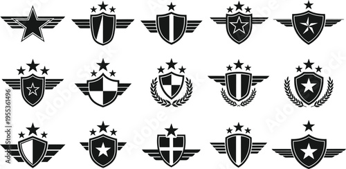 Collection of 12 military shield silhouettes isolated on transparent background