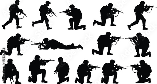 Silhouette of soldier isolated on transparent background in various combat positions