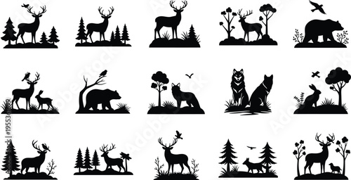 Silhouette of various animals isolated on transparent background