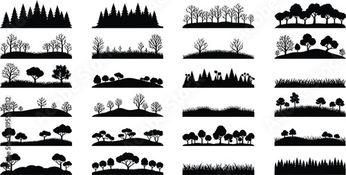 Collection of various landscape silhouettes isolated on transparent background