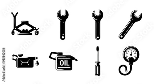 Car Repair Tools Icons Set: Jack, Wrenches, Oil Can, Screwdriver, Pressure Gauge