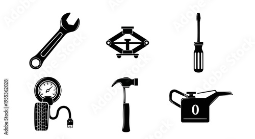 Car Repair Tools Icons Set: Wrench, Jack, Screwdriver, Tire Gauge, Hammer, Oil Can