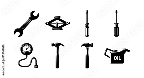 Car Repair Tools Set: Wrench, Jack, Screwdrivers, Hammer, Tire Gauge, Oil Can Icons