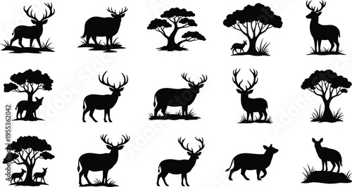 Silhouette of deer and trees isolated on transparent background