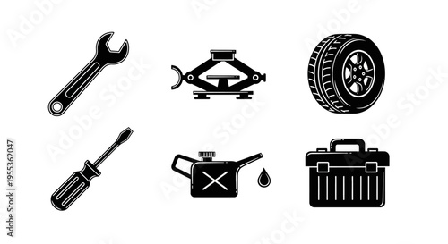 Car Repair Tools Icons: Wrench, Jack, Tire, Screwdriver, Oil Can, Toolbox