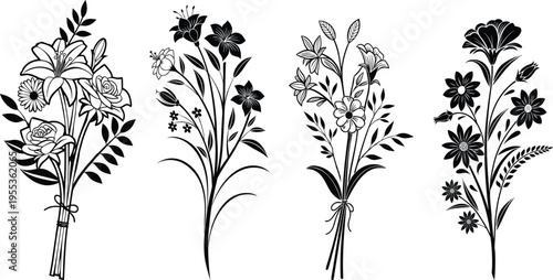 Four different types of flowering plants with various blooms and foliage