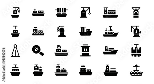 Cargo Ship and Port Icons Set: Logistics, Shipping, and Maritime Transport Symbols