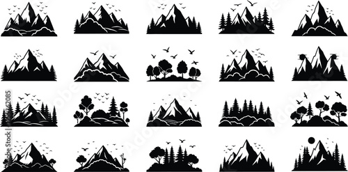 Collection of mountain silhouettes isolated on transparent background