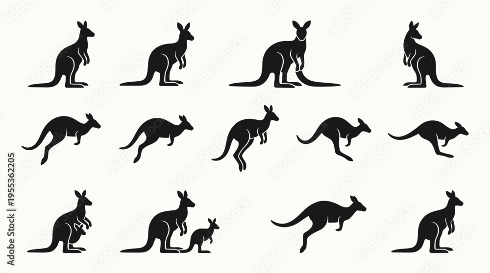 Obraz premium Kangaroo outline icons showcase various poses on white background